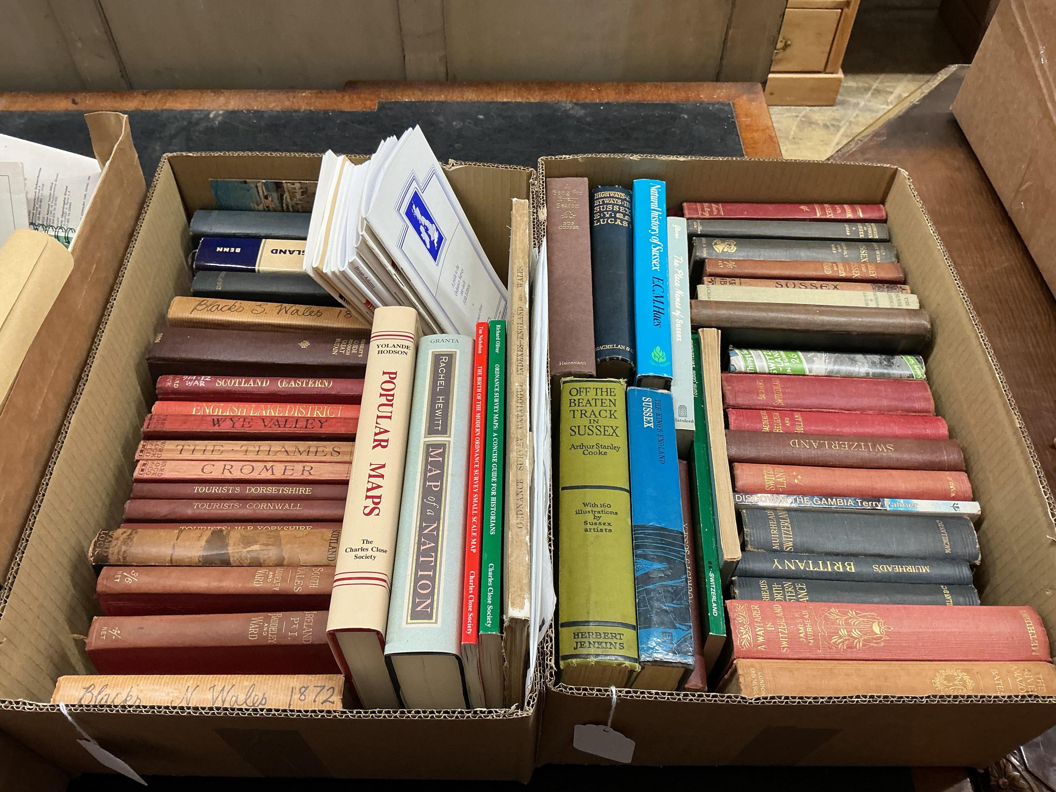 A collection of travel and Ordnance Survey books, maps, leaflets, booklets, etc., subjects include the history of the Ordnance Survey, early 20th century provincial tourist guides to England, Sussex related books, Europe